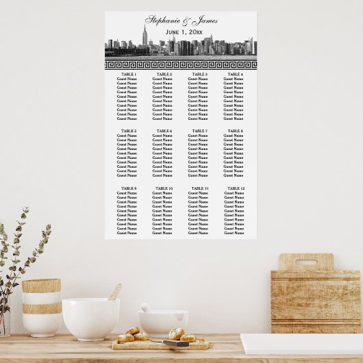 NYC Wide Skyline Etched BW Black Greek Key S Poster (Keuken)