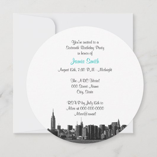 NYC Wide Skyline Etched BW Blauwgroen Sweet Sixtee Kaart (Achterkant)