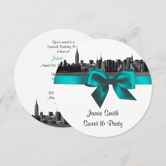 NYC Wide Skyline Etched BW Blauwgroen Sweet Sixtee Kaart (Voorkant / Achterkant)