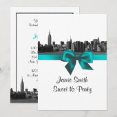 NYC Wide Skyline Etched BW Blauwgroen Sweet Sixtee Kaart (Voorkant / Achterkant)