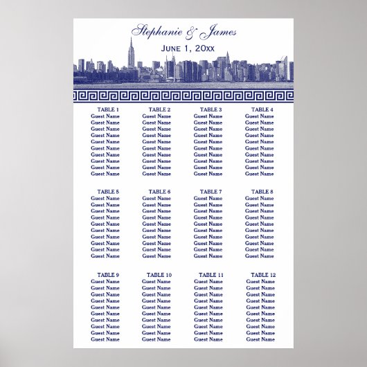 NYC Wide Skyline Etched BW Blue Greek Key S Poster (Voorkant)