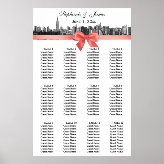 NYC Wide Skyline Etched BW Coral Bow Poster (Voorkant)
