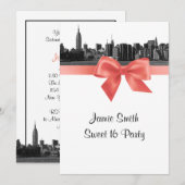 NYC Wide Skyline Etched BW Coral Sweet 16 Kaart (Voorkant / Achterkant)