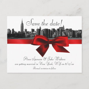 NYC Wide Skyline Etched BW Dark Red Save the Date Aankondigingskaart