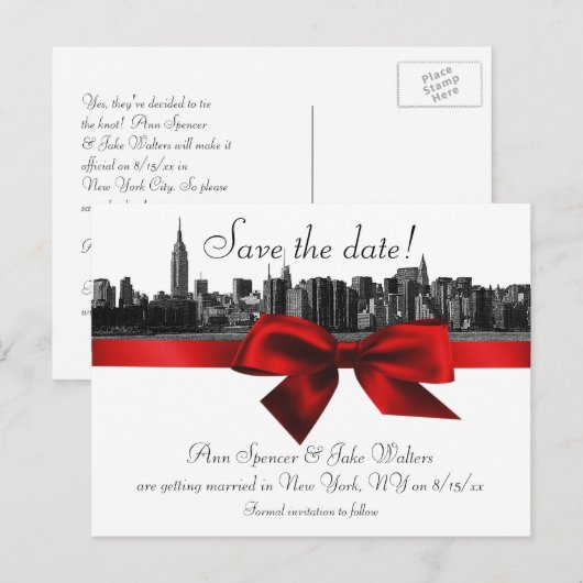 NYC Wide Skyline Etched BW Dark Red Save the Date Aankondigingskaart (Voorkant / Achterkant)