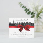 NYC Wide Skyline Etched BW Dark Red Save the Date Aankondigingskaart (Staand voorkant)