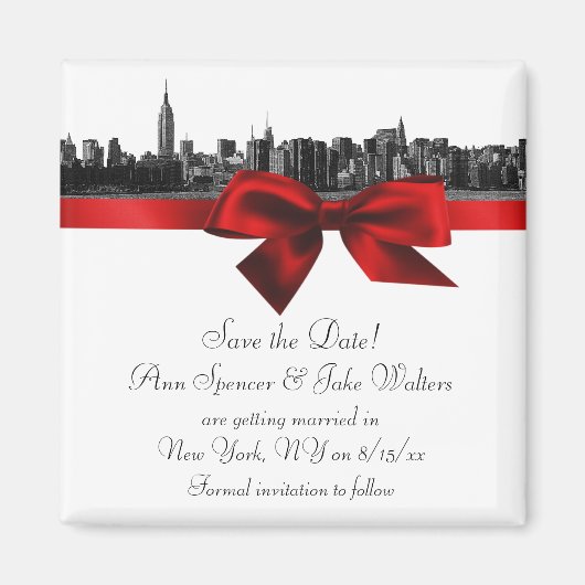 NYC Wide Skyline Etched BW Dark Red Save the Date Magneet (Voorkant)