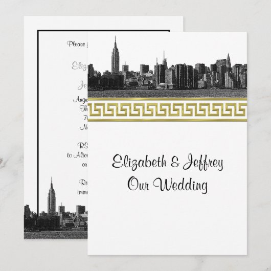 NYC Wide Skyline Etched BW Gold GK #5 Weddenschap Kaart (Voorkant / Achterkant)