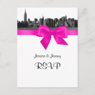 NYC Wide Skyline Etched BW Hot Pink RSVP 1 Uitnodiging Briefkaart