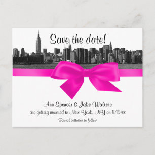 NYC Wide Skyline Etched BW Hot Pink Save the Date Aankondigingskaart