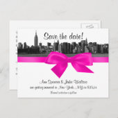 NYC Wide Skyline Etched BW Hot Pink Save the Date Aankondigingskaart (Voorkant / Achterkant)