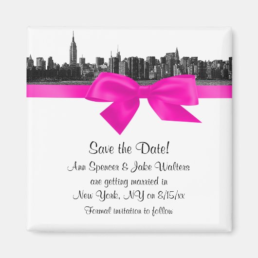 NYC Wide Skyline Etched BW Hot Pink Save the Date Magneet (Voorkant)