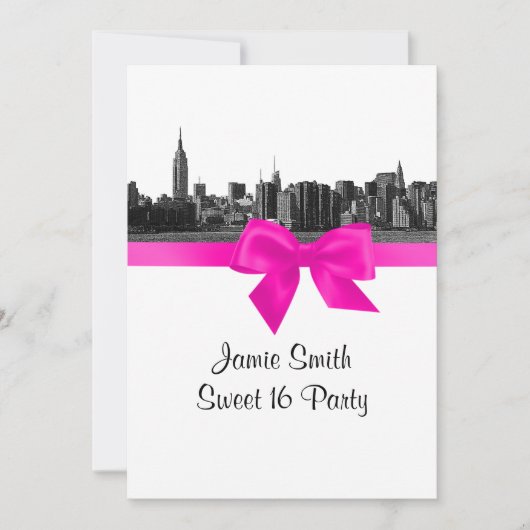 NYC Wide Skyline Etched BW Hot Pink Sweet 16 Kaart (Voorkant)