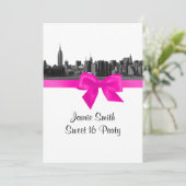 NYC Wide Skyline Etched BW Hot Pink Sweet 16 Kaart (Staand voorkant)