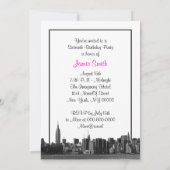 NYC Wide Skyline Etched BW Hot Pink Sweet 16 Kaart (Achterkant)