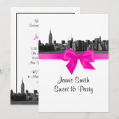 NYC Wide Skyline Etched BW Hot Pink Sweet 16 Kaart (Voorkant / Achterkant)