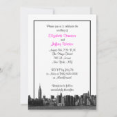 NYC Wide Skyline Etched BW Hot Pink Weddenschap Kaart (Achterkant)