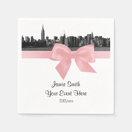 NYC Wide Skyline Etched BW Light Pink Ribbon Servet (Voorkant)