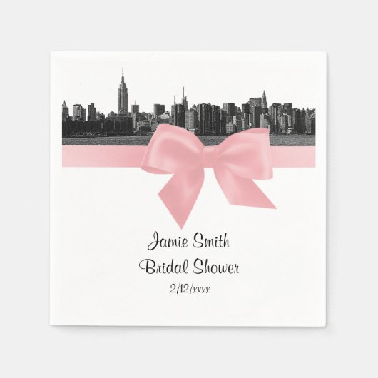 NYC Wide Skyline Etched BW Light Pink Ribbon Servetten (Voorkant)