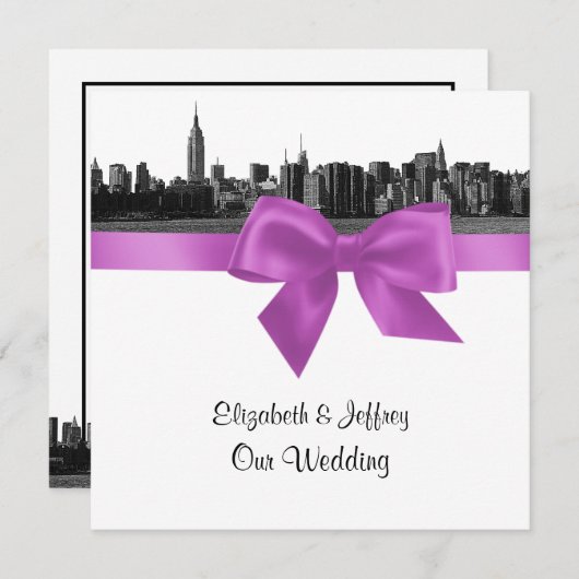 NYC Wide Skyline Etched BW Lila Weddenschap SQ Kaart (Voorkant / Achterkant)