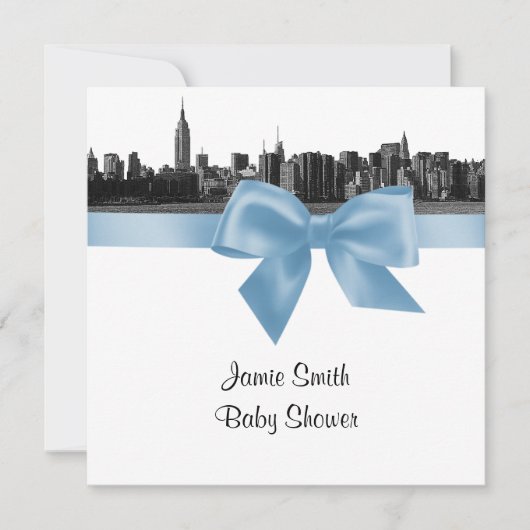 NYC Wide Skyline Etched BW Lt Blue Baby shower SQ Kaart (Voorkant)