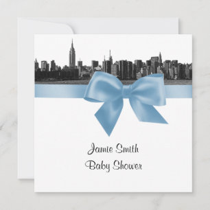 NYC Wide Skyline Etched BW Lt Blue Baby shower SQ Kaart