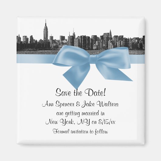 NYC Wide Skyline Etched BW Lt Blue Save the Date Magneet (Voorkant)