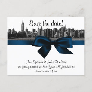NYC Wide Skyline Etched BW Navy Blue Opslaan van d Aankondigingskaart