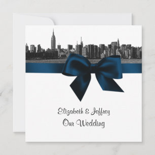 NYC Wide Skyline Etched BW Navy Blue Wedding SQ Kaart