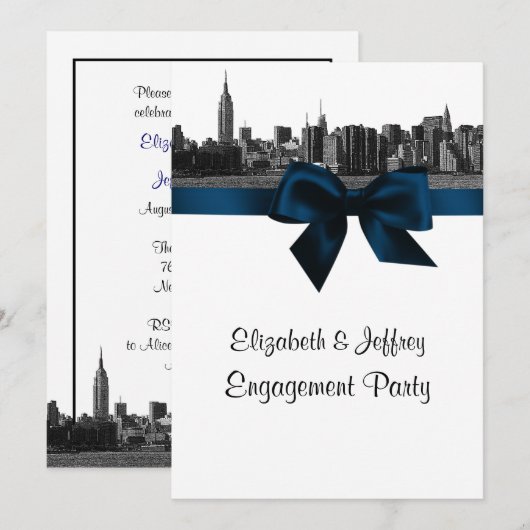 NYC Wide Skyline Etched BW Navy Engagement Party Kaart (Voorkant / Achterkant)