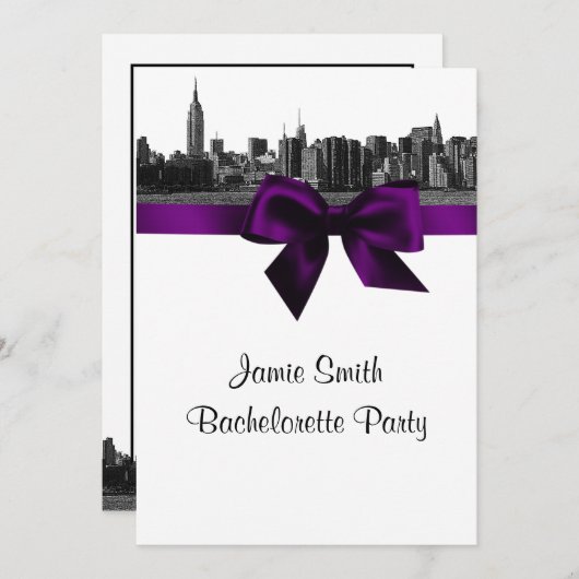 NYC Wide Skyline Etched BW Paars Bachelorette Pty Kaart (Voorkant / Achterkant)