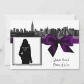 NYC Wide Skyline Etched BW Paars Photo Afstuderen Kaart (Voorkant)