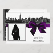 NYC Wide Skyline Etched BW Paars Photo Afstuderen Kaart (Voorkant / Achterkant)