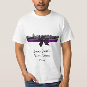 NYC Wide Skyline Etched BW Paars T-Shirt