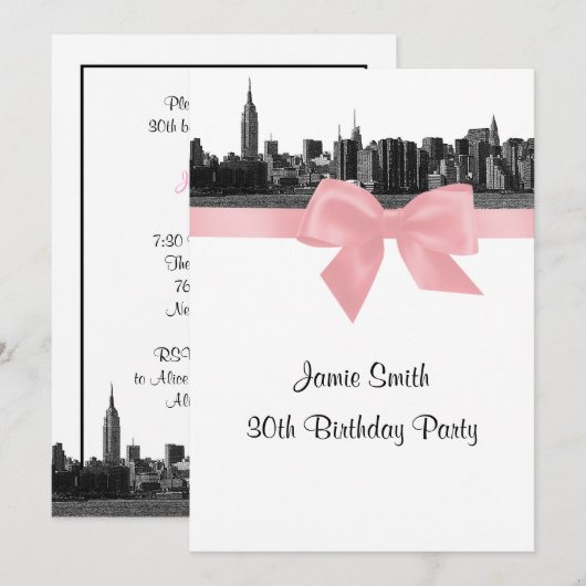 NYC Wide Skyline Etched BW Pink Birthday Party Kaart (Voorkant / Achterkant)