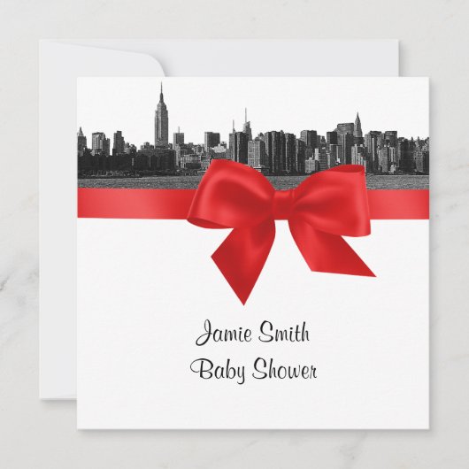NYC Wide Skyline Etched BW Red Baby shower SQ Kaart (Voorkant)