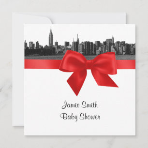 NYC Wide Skyline Etched BW Red Baby shower SQ Kaart