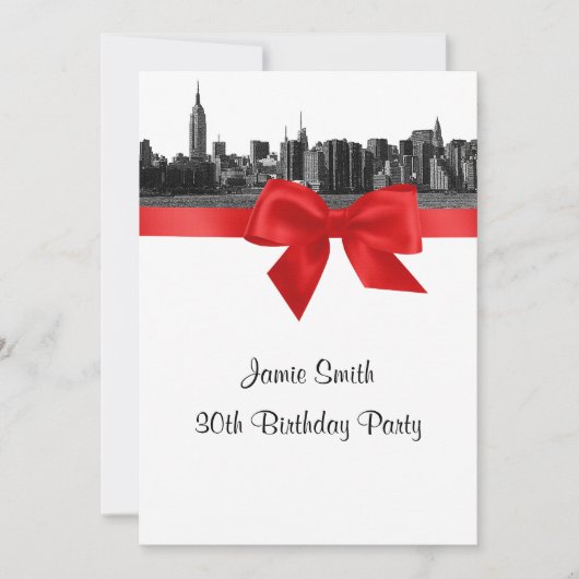 NYC Wide Skyline Etched BW Red Birthday Party Kaart (Voorkant)