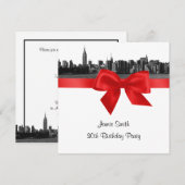 NYC Wide Skyline Etched BW Red Birthday Party SQ Kaart (Voorkant / Achterkant)