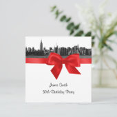 NYC Wide Skyline Etched BW Red Birthday Party SQ Kaart (Staand voorkant)