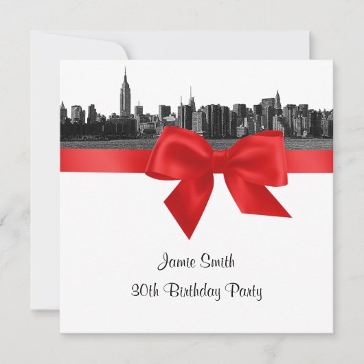 NYC Wide Skyline Etched BW Red Birthday Party SQ Kaart (Voorkant)