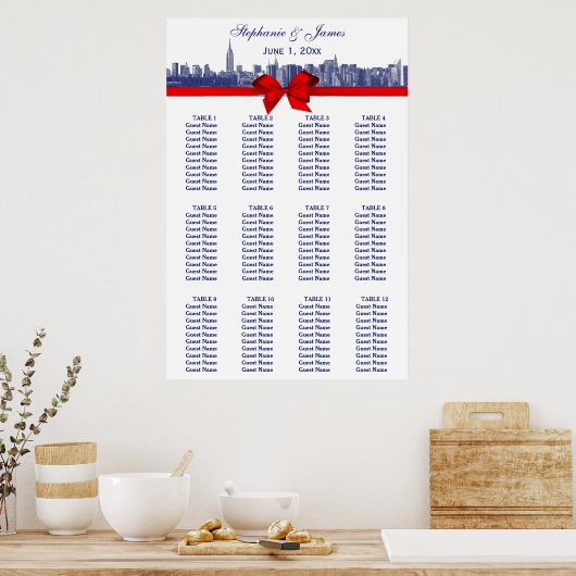 NYC Wide Skyline Etched BW Red Bow Blue Poster (Keuken)