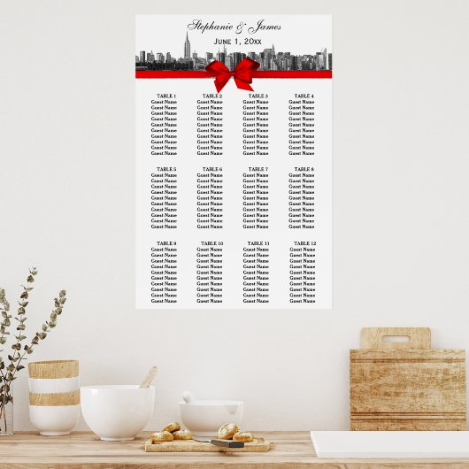 NYC Wide Skyline Etched BW Red Bow Poster (Keuken)
