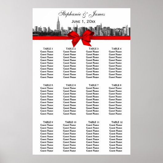 NYC Wide Skyline Etched BW Red Bow Poster (Voorkant)