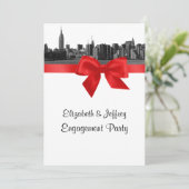 NYC Wide Skyline Etched BW Red Engagement Party Kaart (Staand voorkant)