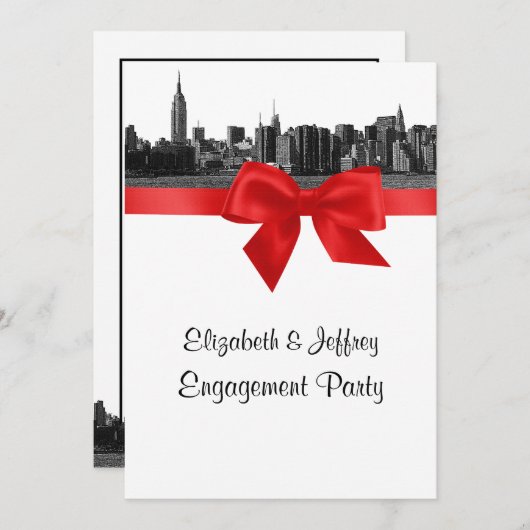 NYC Wide Skyline Etched BW Red Engagement Party Kaart (Voorkant / Achterkant)