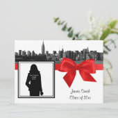NYC Wide Skyline Etched BW Red Photo Afstuderen Kaart (Staand voorkant)