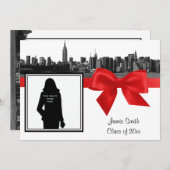 NYC Wide Skyline Etched BW Red Photo Afstuderen Kaart (Voorkant / Achterkant)