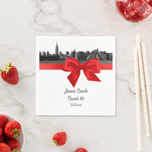 NYC Wide Skyline Etched BW Red Sweet Sixteen Servetten (Insitu)