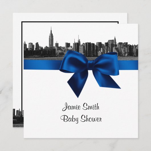 NYC Wide Skyline Etched BW Royal Bl Baby shower SQ Kaart (Voorkant / Achterkant)